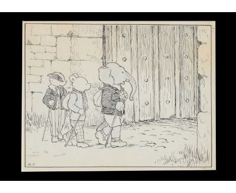A rare Mary Tourtel original pen and ink with crayon illustration of Rupert Bear and friends, 1932,  ‘Edward led the way into