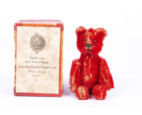 A rare Schuco bright red mohair Teddy Bear perfume bottle, in original box, 1927,  with black pin eyes, black stitched nose a
