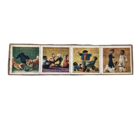 Four rare large Steiff advertising stamps, circa 1912 for the US market, featuring Dolly Bear, Golliwog, Roly-Poly Clown, dol