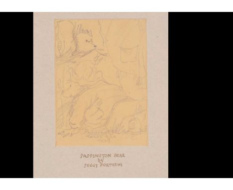 (ar) A Paddington pencil sketch, probably by Peggy Fortnum,  two Paddingtons, one crawling and one in bed, titled ‘Paddington