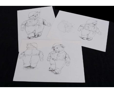 Five original pen and ink studies of the Chiltern Homeguard Teddy Bear in previous lot,  on three sheet of paper, one of the 