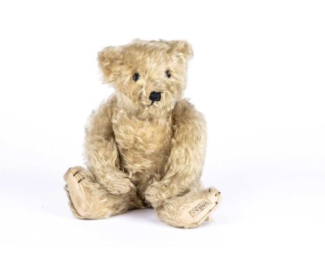 Didcock, a 1930s Alpha Farnell Teddy Bear,  with golden mohair, replaced button eyes, pronounced muzzle, black stitched nose,