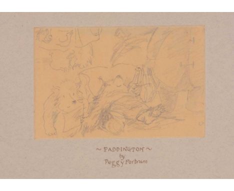 (ar) A Paddington pencil sketch, probably by Peggy Fortnum,  four Paddingtons or parts of Paddington, framed and glazed —4 ½i