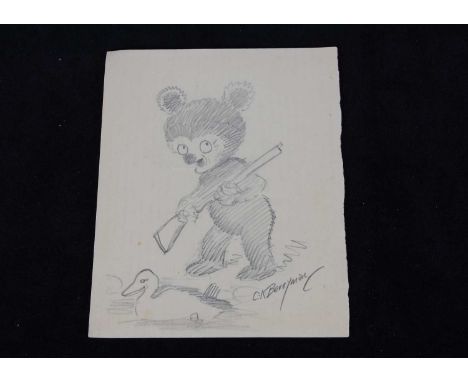 A rare Clifford Berryman pencil sketch of Bevo bear,  holding a hunting rifle with duck at feet, signed C.K. Berryman —6 ½in.
