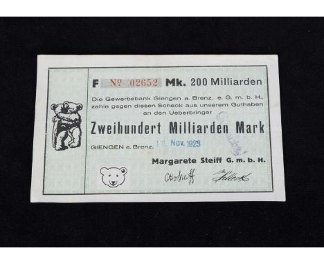 A rare Margarete Steiff G.m.b.H company cheque,  for 200 Billion Marks, dated 16 Nov 1923, signed by Otto Steiff —5 ½in. (14c
