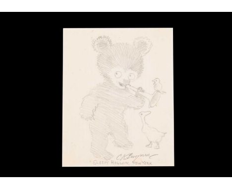 A rare Clifford Berryman pencil sketch of Bevo bear,  blowing a horn with bird sat on end and duck at feet, titled SLEEPY HOL