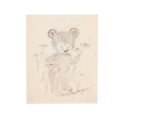 A rare Clifford Berryman pencil sketch of Bevo bear,  holding and amongst flowers, signed C.K. Berryman —6 ½in. (16.5cm.) hig