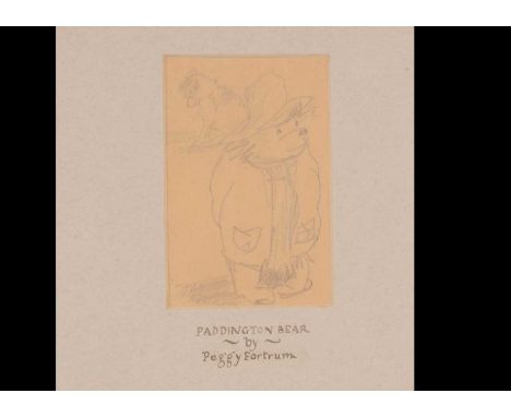 (ar) A Paddington pencil sketch, probably by Peggy Fortnum,  standing with dog behind, signed, framed and glazed —5in. (12.5c