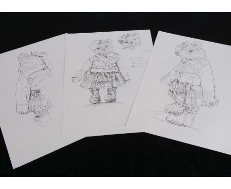 Four original pen and ink studies of the Captain Hay in previous lot,  on three sheets of paper, a further pencil sketch on o
