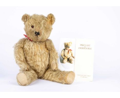 A 1950s British Teddy Bear, the cover bear of Teddy Bears of Witney first catalogue in 1985,  with golden mohair, orange and 