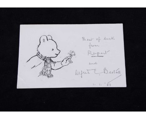 (ar) A rare Alfred Bastall Rupert Bear sketch and signature, on a postcard with pen ink sketch of Rupert from waist up, weari