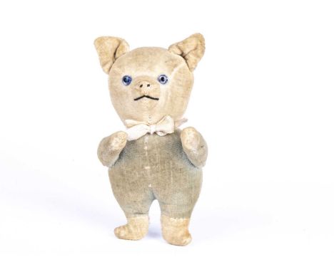 A Farnell velvet Biglet (Piglet),  with white velvet head, clear and black glass eyes with blue painted backs, pink stitched 