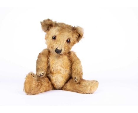 Ted, a rare Chiltern Hugmee brown tipped Teddy Bear, circa 1938, with white mohair with brown tipping, orange and black glass