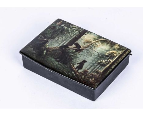A Russian lacquer box of bears in the wood, 1930s  hand painted after the original 1889 painting by Ivan Shishkin in the Tret