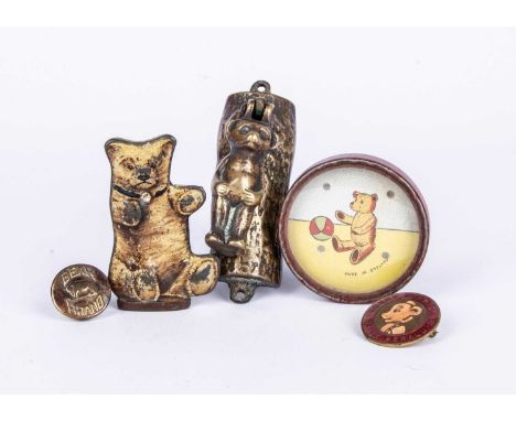 Teddy Bear related items,  a rare Clarnico lithographed tinplate Teddy Bear shaped sweet tin —2 ½in. (6cm.) high (some wear),