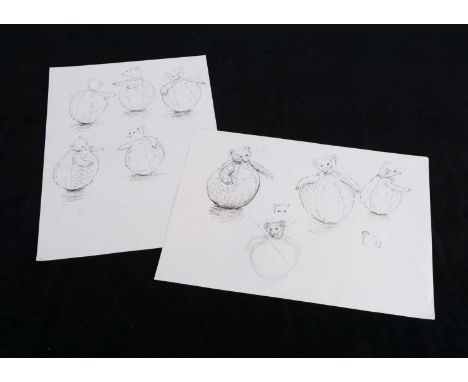 Nine original pen and ink studies of the Steiff Roly-Poly Teddy Bear in previous lot,  on two sheet of paper —16 ¼in. (41.5cm