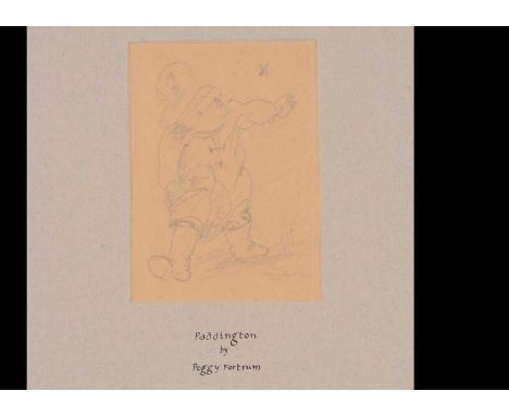 (ar) A Paddington pencil sketch, probably by Peggy Fortnum,  wearing wellies and swatting a fly, signed, framed and glazed —4