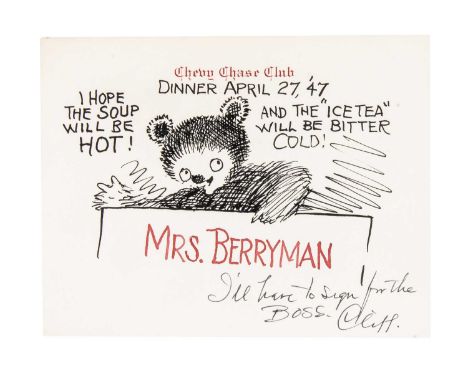 A rare original Clifford Berryman place card for Mrs Berryman,  on Chevy Chase Club card, pen and ink ‘I hope the soup will b