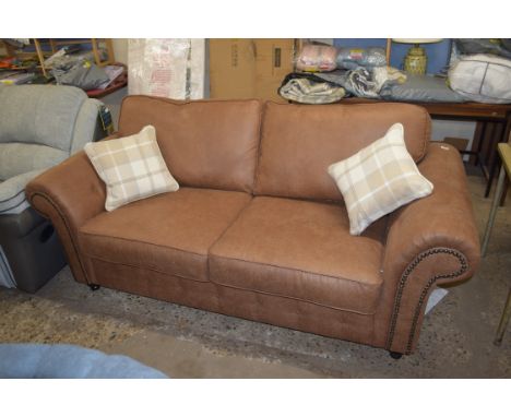 STAGGS THREE-SEATER SOFA, BROWN FAUX LEATHER, WITH TWO CUSHIONS