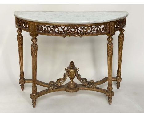 CONSOLE TABLE, 19th century French carved giltwood with demi lune carrara white marble top and pierced frieze on fluted suppo