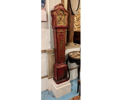 DWARF LONGCASE CLOCK, 27cm W x 138cm H x 18cm D scarlet lacquered, chinoiserie decorated bearing "Greenwich London" on an ass