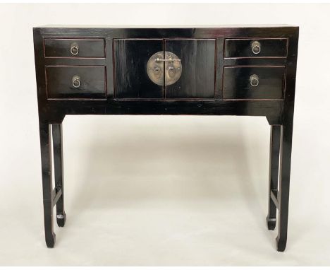 HALL CONSOLE CABINET, Chinese black lacquered and silvered metal mounted with four drawers, flanking two panelled doors, 99cm