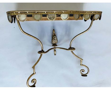 CONSOLE TABLE, bevelled mirror of bowed outline on gilt metal scrolling supports, 92cm x 42cm x 78cm H. 