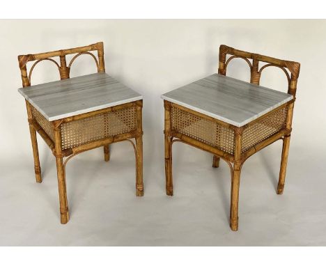 LAMP TABLES, a pair, bamboo framed and cane bound with upstands and marble tops, 43cm x 43cm x 66cm H. (2) 
