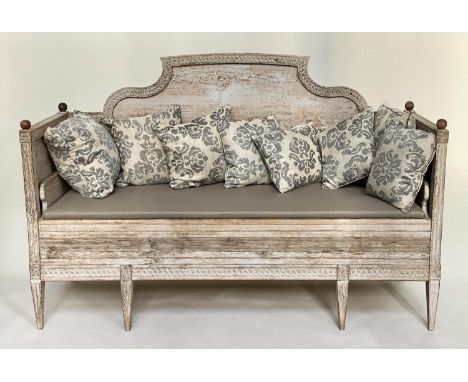 SWEDISH GUSTAVIAN DAYBED/SOFA BENCH, 18th century original patina grey with carved raised back and sides, carved detail and s