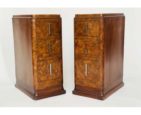 ART DECO BEDSIDE CHESTS, a pair, burr walnut each with three drawers, 32cm x 49cm x 70cm H. (2) 