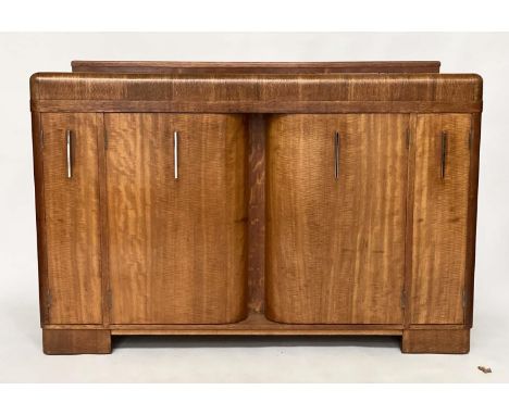 ART DECO DRINKS CABINET, oak with rounded top and pair of doors enclosing fitted interior and drawers, 145cm W x 50cm D x 98c