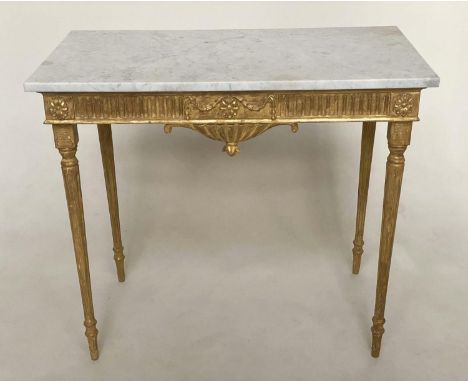 CONSOLE TABLE, 19th century Italian giltwood with Carrara marble top, fluted frieze, ribbon tablet and tapering supports, 74c