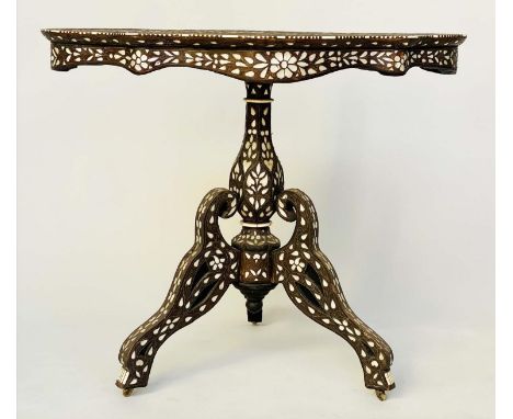 SYRIAN CENTRE TABLE, late 19th/early 20th century hardwood and allover bone, mother of pearl and silvered metal inlaid, carto