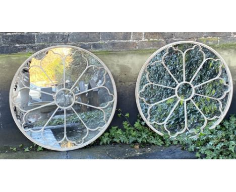 ARCHITECTURAL GARDEN WALL MIRRORS, a pair, circular Regency style design, 80cm x 80cm. (2) 