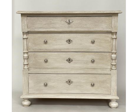COMMODE, 19th century French traditionally grey painted and silvered metal mounted with four long drawers, pillars and turned
