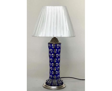 BOHEMIAN GLASS TABLE LAMP, early 20th century blue glass and facetted with silvered mounts, 52cm H with shade. 