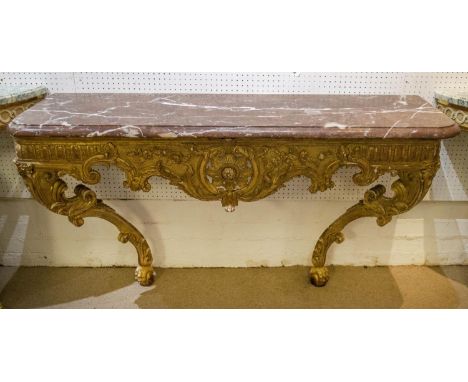 CONSOLE TABLE, 79cm H x 140cm W x 42cm D, Louis XIV giltwood, circa 1700, with royal red marble top. 