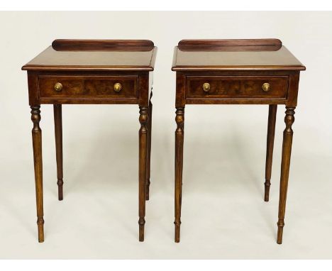 LAMP TABLES, a pair, Regency design burr walnut and crossbanded each with frieze drawer and turned supports, 52cm W x 46cm D 