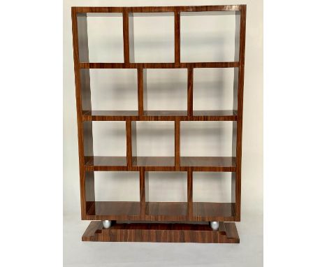 OPEN BOOKCASE, Art Deco style figured walnut, with twelve open shelves on silvered bun supports and stepped base, 124cm W x 1