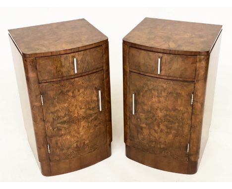 BEDSIDE CABINETS, a pair, Art Deco period burr walnut of bowed outline each with drawer and door, 38cm x 36cm x 66cm H. (2) 