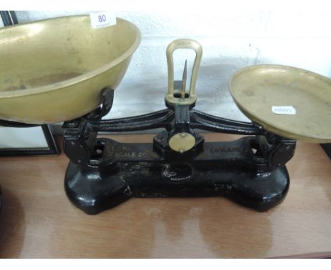 A early cast scale set with brass dishes, Libra scale company Librasco