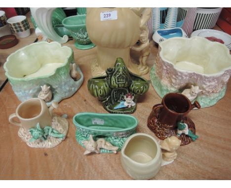 Two Sylvac tree trunk style bowls with imps and woodland creatures to base, a Sylvac jug No:1969 with climbing children handl