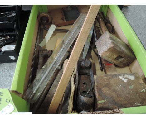 A box of vintage tools including brace and bit, boxed Stanley plane etc