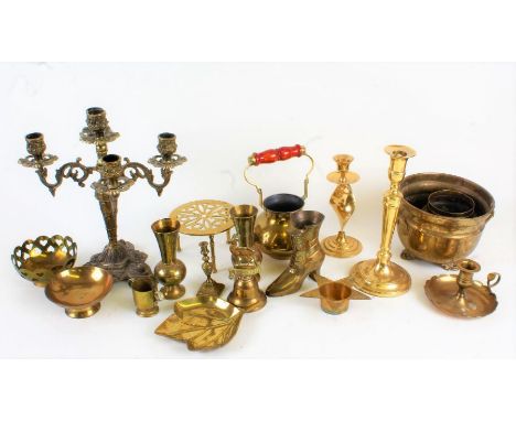 Collection of various brassware, to include candelabra and a preserve pan, a brass Tilley lamp and a mottled glass light shad