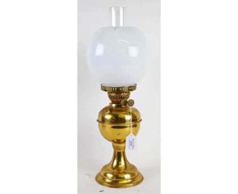 Victorian brass oil lamp with opaque glass shade and chimney, 51cm high