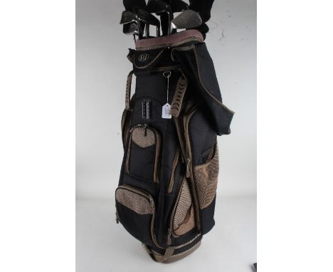 Set of Hippo golf clubs, clubs four to nine, with pitching and sand wedge, with Dunlop woods and Blue Line putter, with golf 