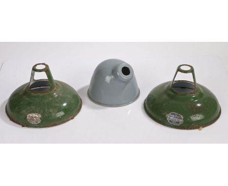 Pair of Coolicon light shades, in green enamel and original labels attached, together with another shade in mauve enamel, (3)