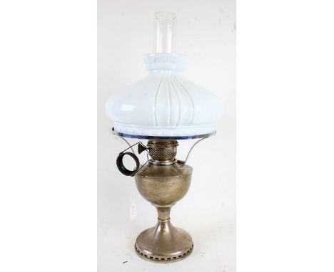 Famos oil lamp with opaque glass shade and chimney, 60cm high