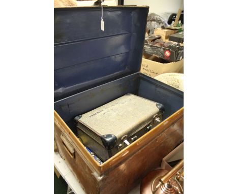 Tin trunk containing a small suitcase, engine and tractor instructions, maps etc. (qty)