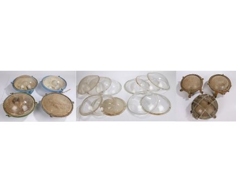 Collection of goat shed lights, to include seven light fittings with glasses and a collection of spare glasses